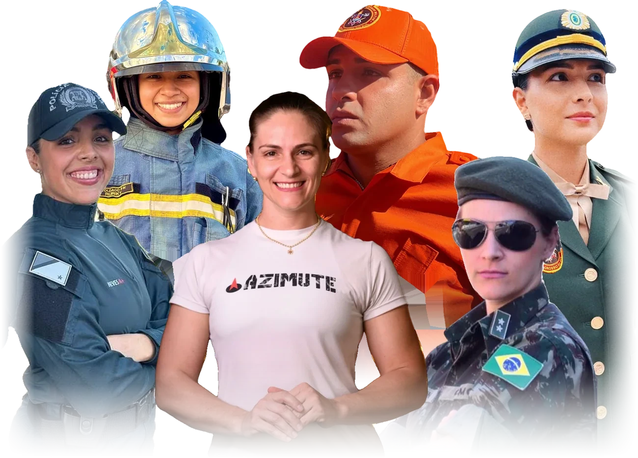 Equipe AZIMUTE: profissional com camiseta da marca à frente de policiais militares, bombeiros e militares do Exército uniformizados